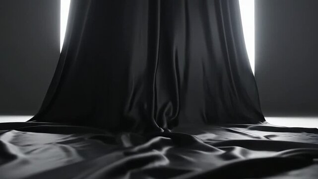 Elegant black silk fabric flowing in slow motion with dramatic backlighting