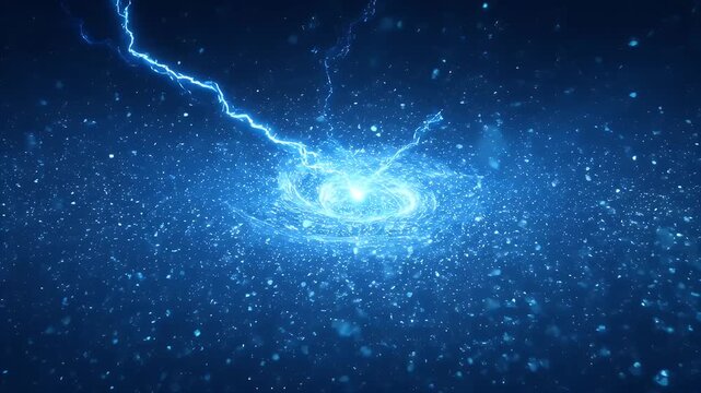 Bright blue lightning bolt rips through a dark blue starry, particle-filled cosmic swirl
