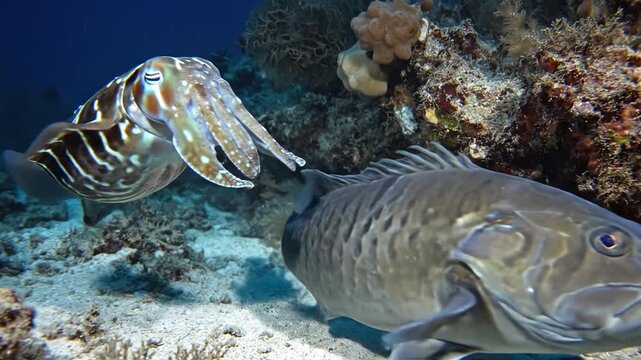Cuttlefish and Grouper Interact Underwater Near Coral Reef.