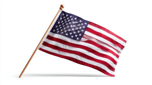 Waving American flag on a wooden pole against a clean white background