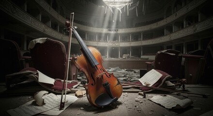 Fototapeta premium Broken Violin in Abandoned Theatre Ruins