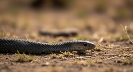 Obraz premium Close-up of a black mamba snake slithering across dry, dusty ground in a natural outdoor habitat, with its head in sharp focus.