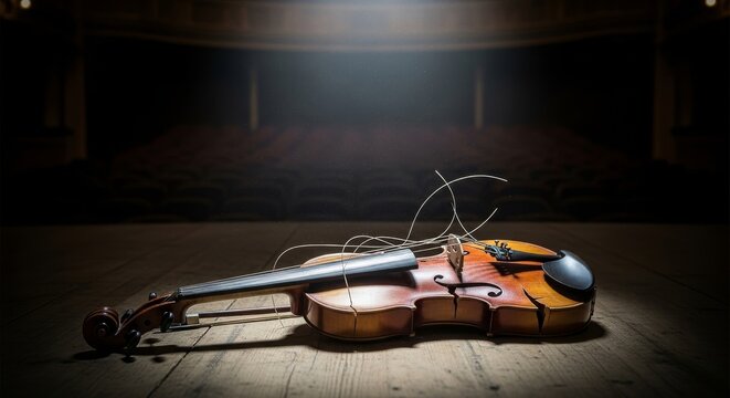 Broken Violin on Dusty Stage