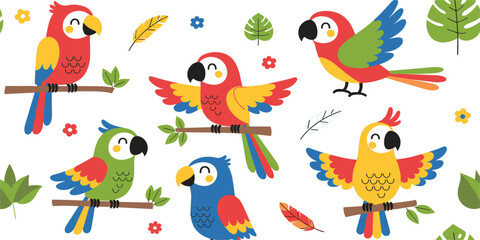 Fototapeta premium Cute Parrot Cartoon Bird Character Set with Colorful Tropical Parrots Sitting on Branches for Kids Design, Jungle Theme and Vector Illustrations