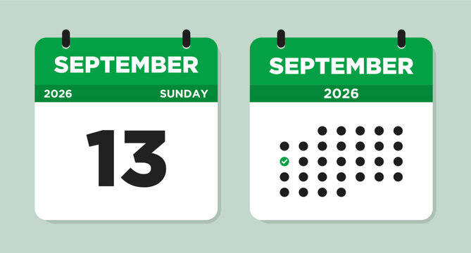 September 13 (Sunday) 2026 Calendar page Vector Illustration. 13 September calendar page. Day calendar with date September 13. Modern Calendar template icon. Week Starts on Sunday