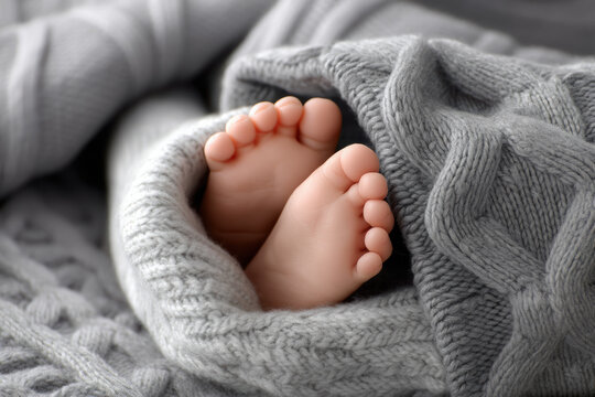 Newborn baby feet wrapped in soft gray knitted blanket, cozy and warm atmosphere, gentle touch, peaceful and tender moment