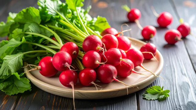 Bunch of fresh organic red radishes with green leaves on a wooden plate over a dark rustic tabletop