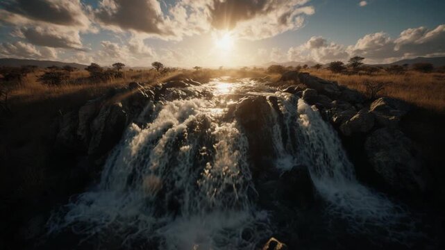 Cinematic golden sunset over a wild river flowing through rocky terrain in the African savanna, with dramatic clouds, reflective water, and untouched natural landscape