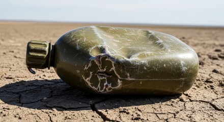 Obraz premium Dented and Scratched Soldier's Empty Canteen on Dry Ground