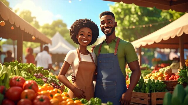 Happy African American couple wearing aprons smiling at a vibrant outdoor farmers market with fresh organic vegetables and fruit