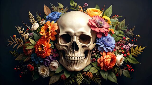 Human skull surrounded by a colorful garden of diverse spring flowers and green leaves against a black backdrop