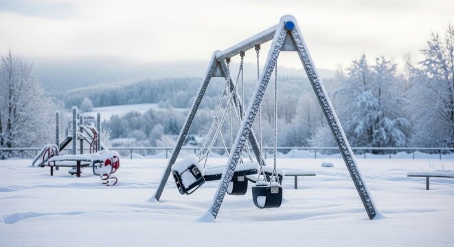 Empty swing set in winter snow
