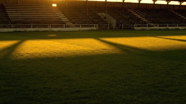 Empty stadium seats and green grass field bathed in golden hour sunlight, creating long shadows and a dramatic atmosphere.