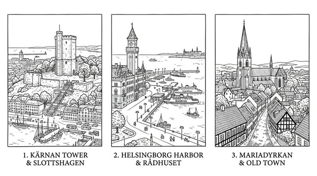 Helsingborg Landmarks Karnan Tower Harbor and Mariad kyrkan