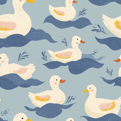 Fototapeta premium Seamless cute duck pattern with white ducks floating on stylized blue waves over a soft blue background, playful whimsical repeating design in a gentle modern storybook style