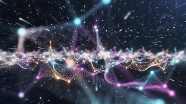 Data visualization analytics and network connections representing complex information for digital transformation technological innovation with glowing nodes illustrating data flow across a futuristic