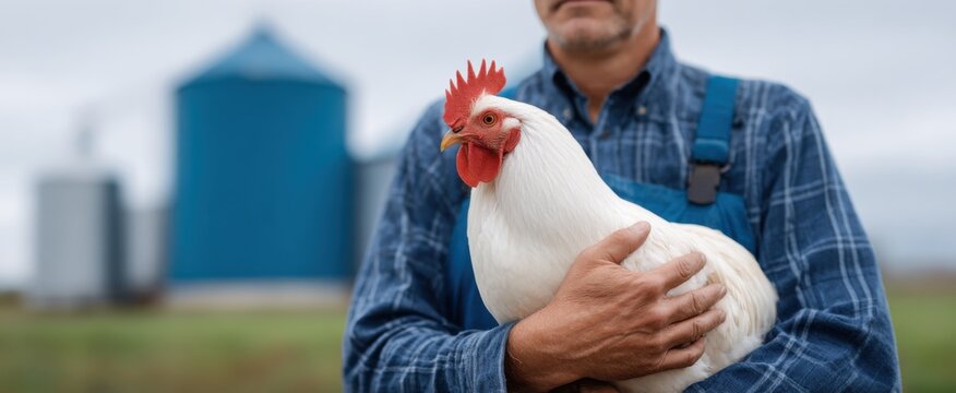 A cheerful individual cradles a white rooster on a sunny farm with a blue silo.