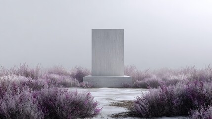 Naklejka premium Minimalist white stone cenotaph standing in misty field of purple sage and lavender flowers
