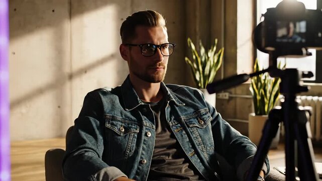 Man working at laptop with camera setup in studio space with sunlight streaming through window. Content creator types on laptop near camera. Man works in studio with recording equipment setup.