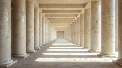 Fototapeta premium Symmetrical rows of minimalist white stone pillars colonnade in harsh noon light perspective view