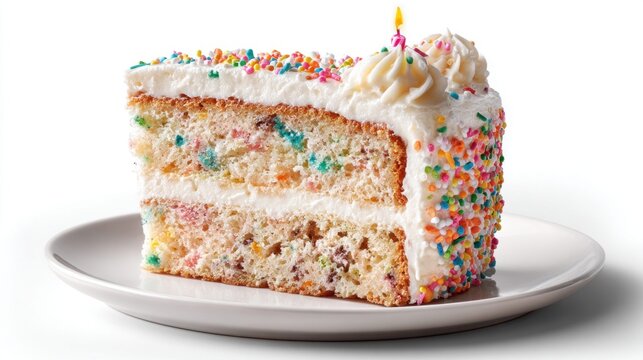 Delicious slice of funfetti cake with white frosting and a single birthday candle
