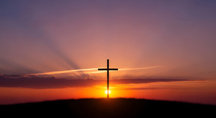 Obraz premium Good Friday Cross on Hill at Sunset – Christian Holy Week Background