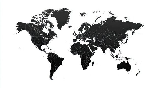 Detailed black and white world map showing country borders and continents