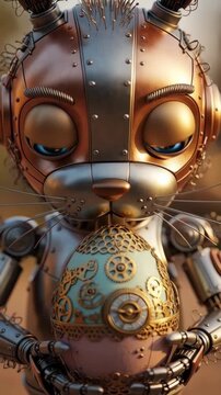 Steampunk robotic rabbit holding an ornate mechanical egg close up triptych showing expressive blue eyes, intricate gears, brass plating, rivets and whimsical clockwork details