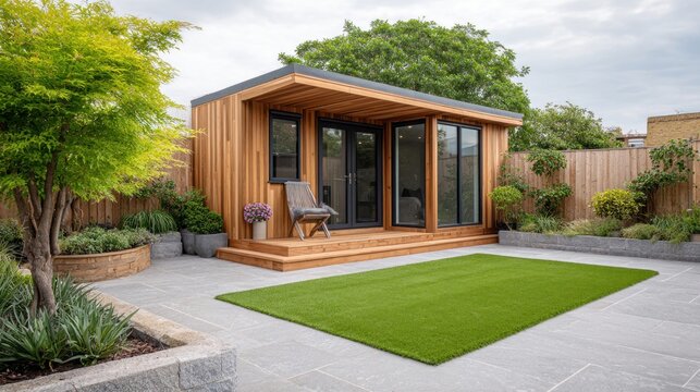 Modern wooden garden room with large glass doors and a neat lawn in a contemporary backyard