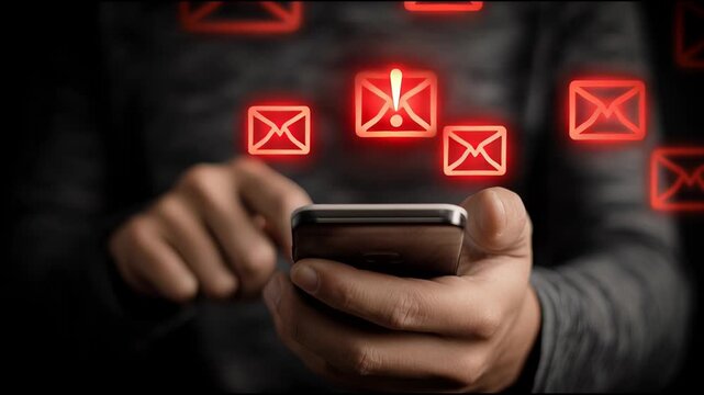 People Engage With Messages on a Smartphone While Red Notification Icons Appear Above the Screen at Night