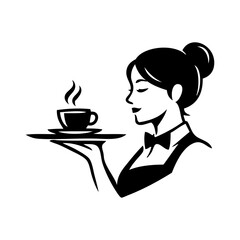 Logotipo camarera. Dibujo con líneas de una mujer con uniforme de camarera, llevando una bandeja con una taza de café humeante en un plato © teracreonte