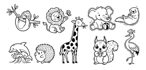 Obraz premium Cute hand drawn animal doodle set featuring sloth, lion, giraffe, elephant, otter, dolphin, hedgehog, squirrel and heron in adorable cartoon style. Black and white line art vector illustration
