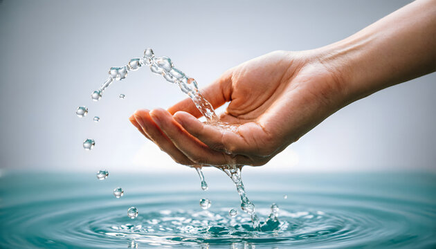 Refreshing clear water droplets splashing in mid-air as a hand cups water from a solar pump.