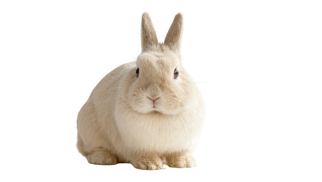 Isolated fluffy beige rabbit looking directly at camera, soft fur and upright ears