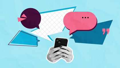 Naklejka premium Hands holding smartphone with vibrant chat bubbles surrounded by colorful geometric shapes on digital communication background.