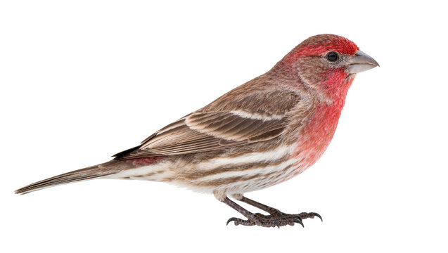 Isolated male House Finch songbird standing in profile, vivid red plumage and streaked feathers