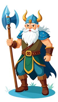 Cartoon depiction of a burly warrior, clad in blue and green attire, wielding a polearm axe. The figure sports a white beard
