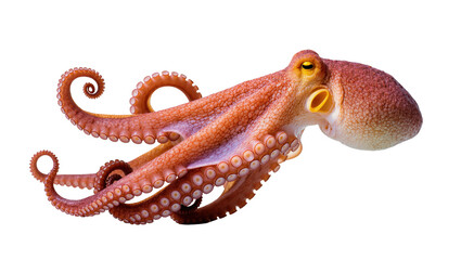 Isolated stunning vibrant orange octopus with gracefully curled tentacles, elegant marine animal © Elowen
