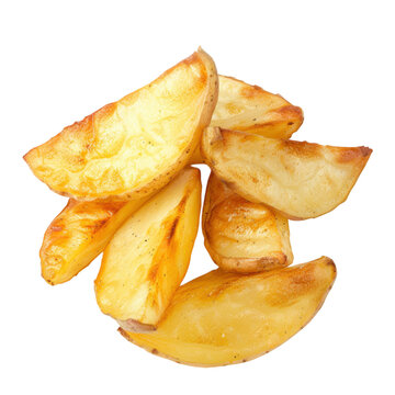 Pile of Crispy Baked Potato Wedges fried golden brown isolated on a transparent background