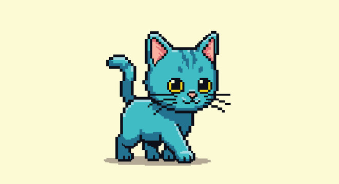 Charming blue cat walking forward in a retro pixel art style against a simple and clean cream colored background.