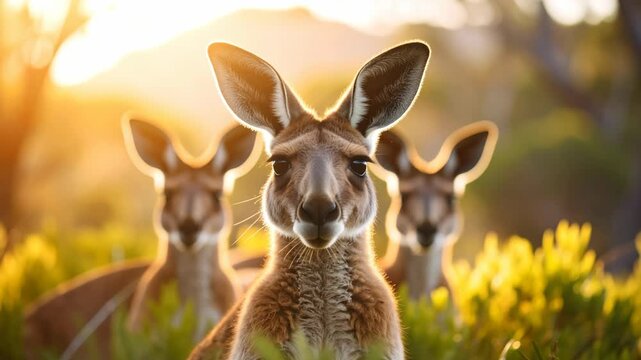 Close up portrait of three kangaroos in the wild during a beautiful golden sunset in the bush