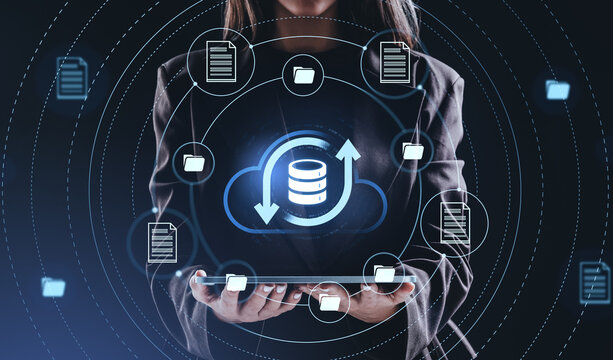 Cloud data storage and backup interface with glowing digital fol