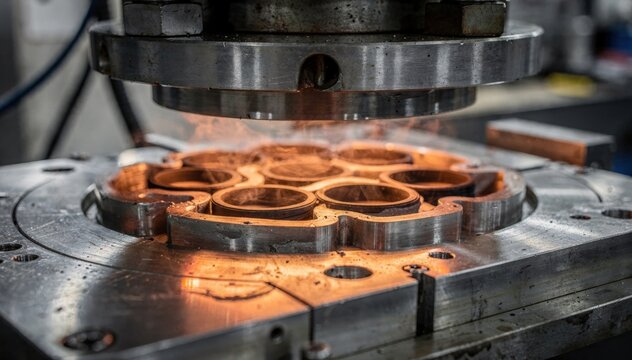 Medium shot of compression molding rubber gaskets with heated press sealing preforms inside metal molds highlighting industrial precision and material shaping.
