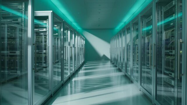 Server Room With Rows of Racks and Blinking Lights, Data Center Corridor