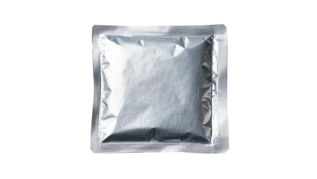 Isolated blank shiny silver metallic aluminum foil packaging sachet for medicine food or sample