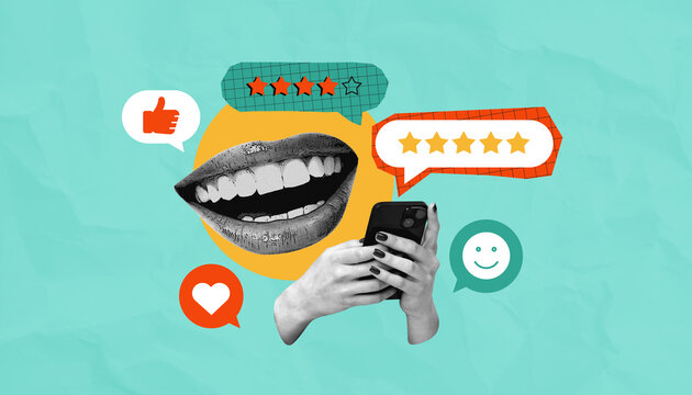 Customer feedback collage with lips, chat icons, rating stars, smile symbols, and hands holding phone on turquoise background.