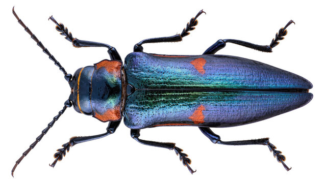 Isolated vibrant iridescent metallic jewel beetle with shimmering blue-green body and distinct orange patterns