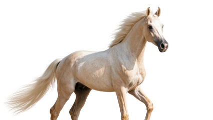 Isolated elegant palomino horse in graceful motion, showcasing its beautiful golden coat and flowing mane © Elowen