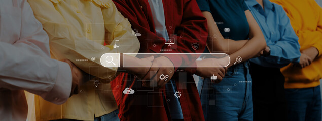 A group of diverse individuals stands together, arms crossed, embodying unity in a digital age. This image represents collaboration and community engagement in modern society. Trope © InfiniteFlow