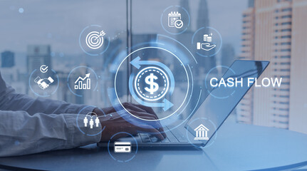 Business cash flow interface on laptop with financial icons and cityscape background. Financial...